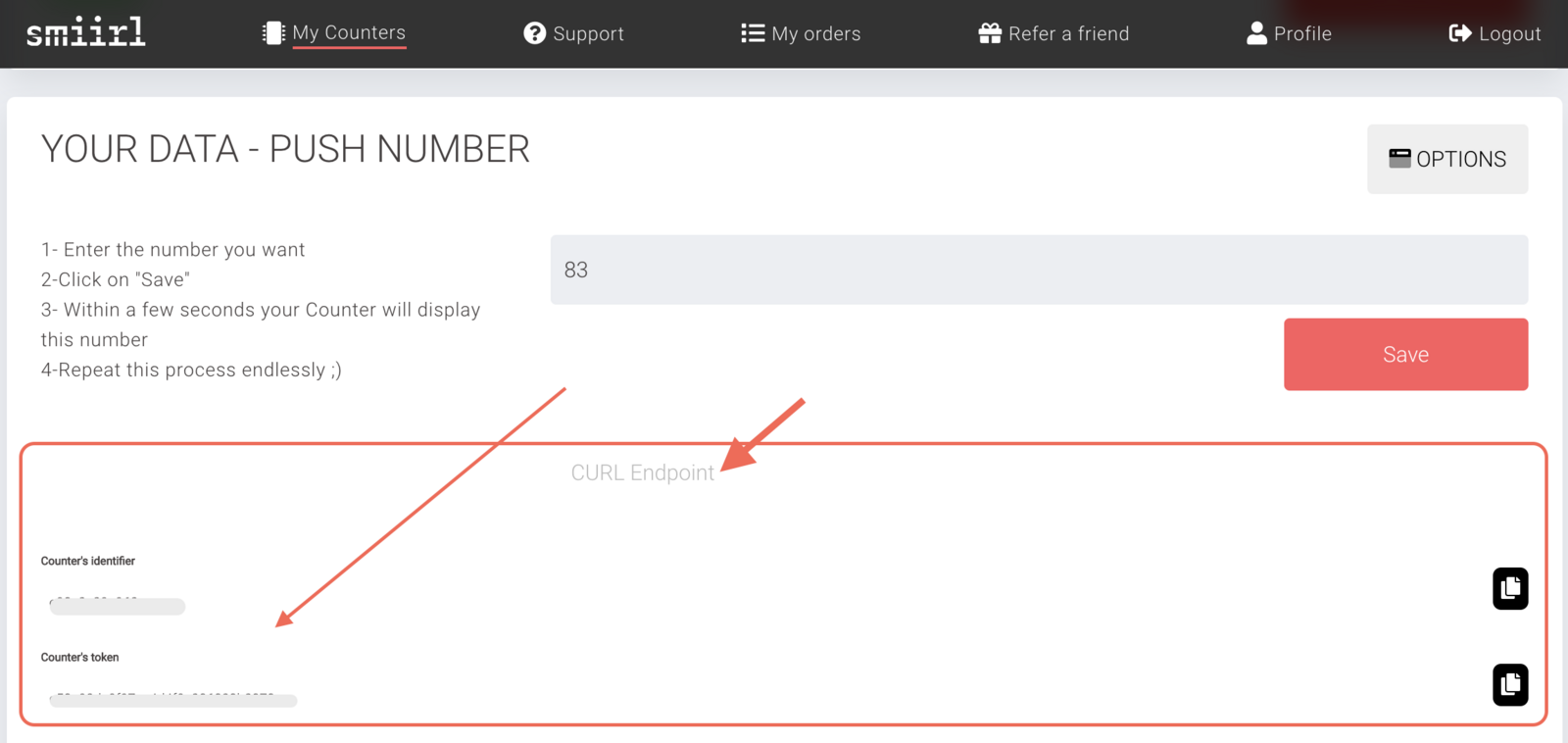 "CURL Endpoint" --> zeigt Zähler 'Token' & 'Identifier'