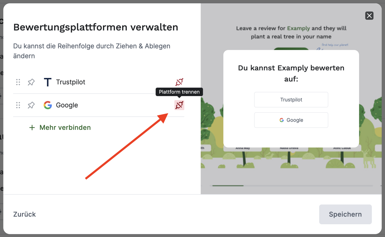 'Bewertungsplattform trennen'