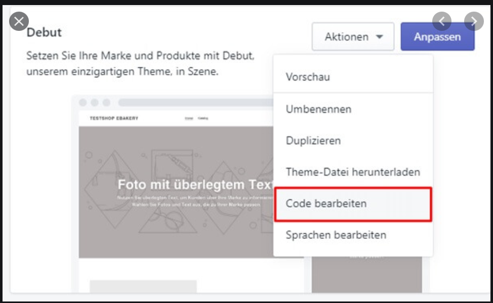 Shopify Aktionen/Code bearbeiten