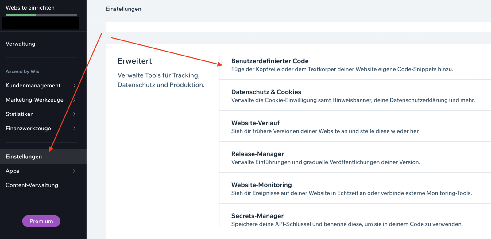 Einstellungen - Abschnitt "Benutzerdefinierter Code"