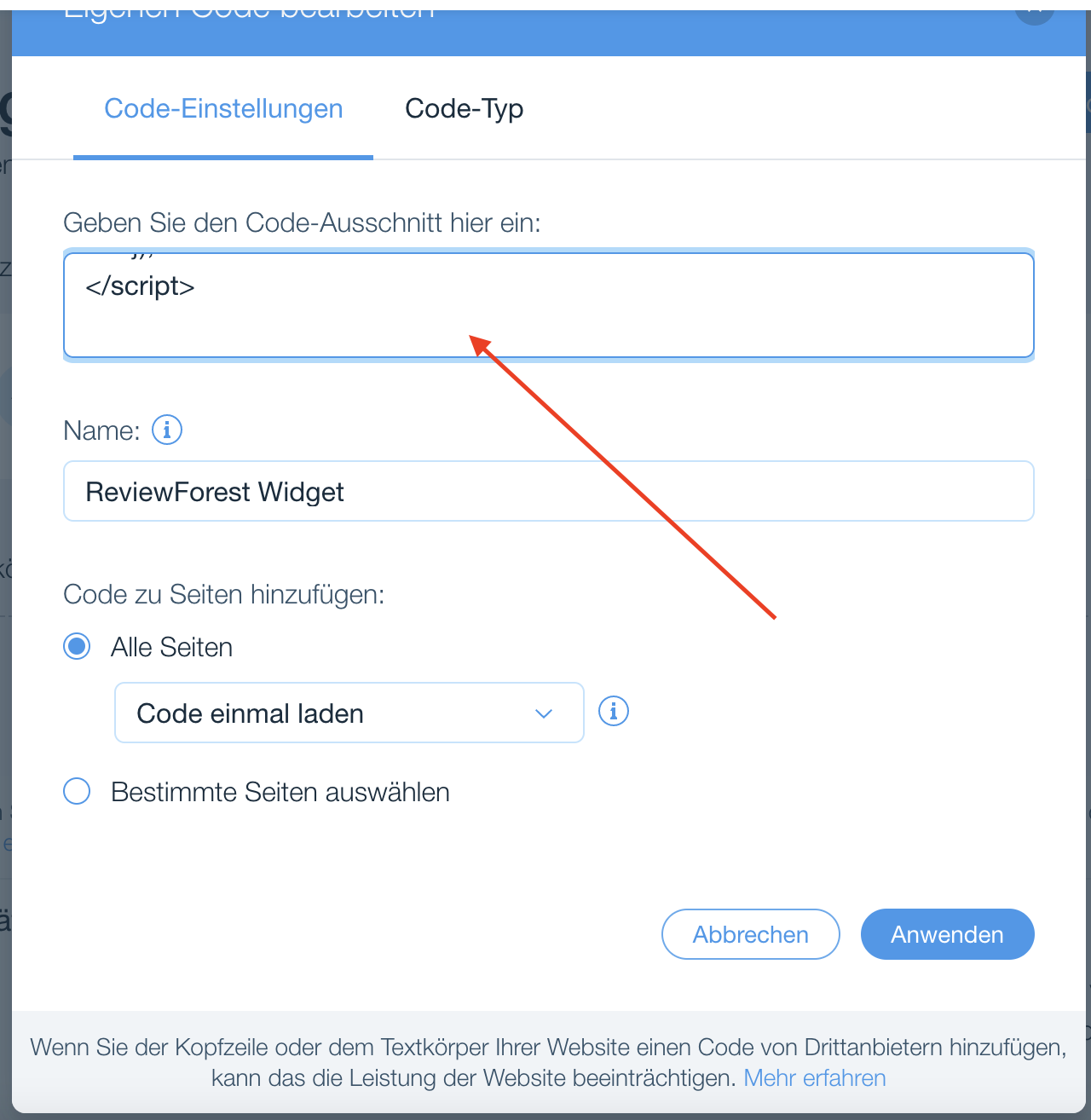 Einfügen des HTML Code