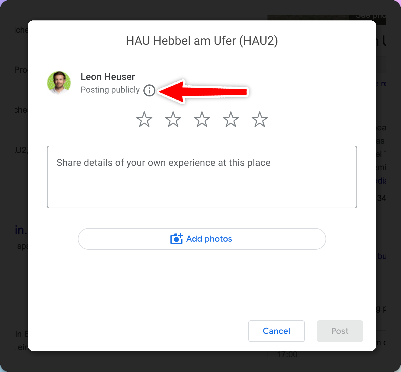 Screenshot of the Google review modal showing the users chosen name and profile picture, rate with stars, and the note 'Posting publicly'