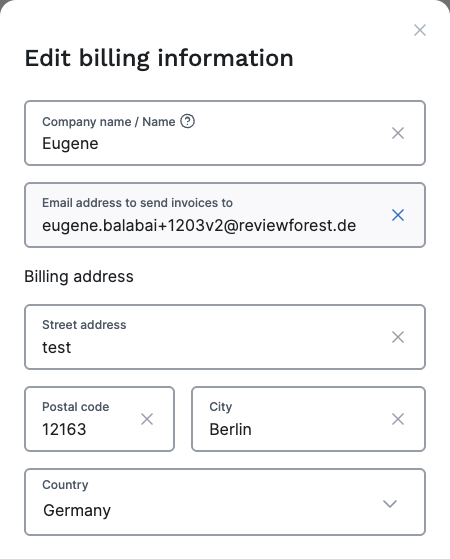 Edit billing information dialog with the invoice email field