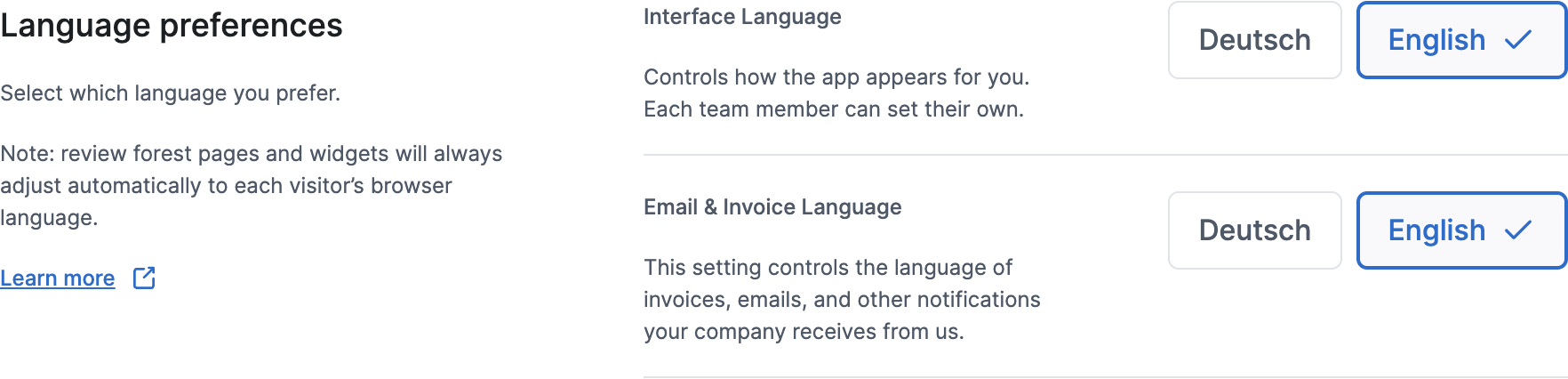 Language preferences in your ReviewForest account settings